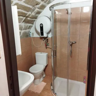 a bathroom with a toilet and a shower at Apartmán Roubenka na Dobřeni in Mělník