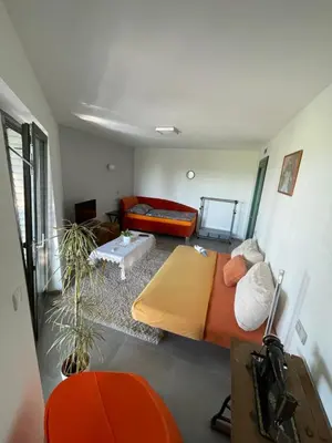 a living room with a bed and a couch at Ubytování U Vinice in Mělník
