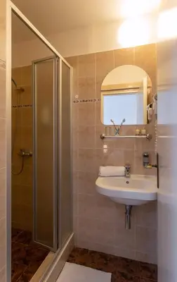 a bathroom with a sink and a shower at Novoměstský hotel in Prague