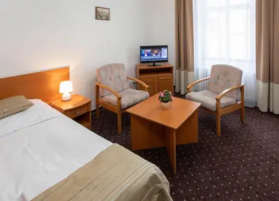 a hotel room with a bed and two chairs and a television at Novoměstský hotel in Prague