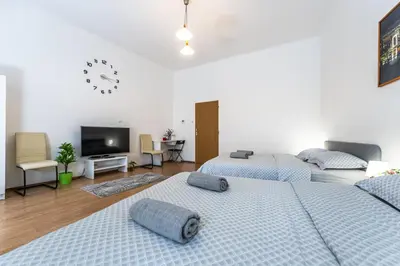 two beds in a living room with a tv and a room with two beds sidx at Wenceslas Square 2 Bedroom Apartment in Prague