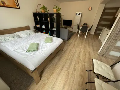 a bedroom with a bed with two green pillows on it at Beroun apartments in Beroun