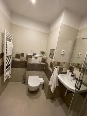 a bathroom with a toilet and a sink at Beroun apartments in Beroun