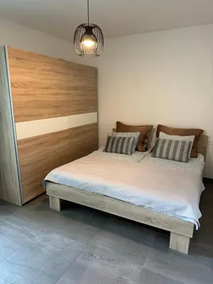 a bedroom with two beds and a wooden headboard at Byt 71m2 klid pohoda a příroda in Prague