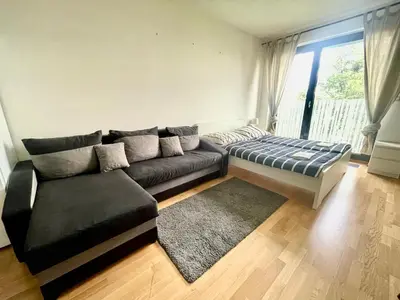 a living room with a couch and a rug at Garden Park Studio in Prague