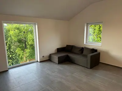 a living room with a couch and two windows at Apartmán byt 75m2 klid příroda pro rodinu in Prague