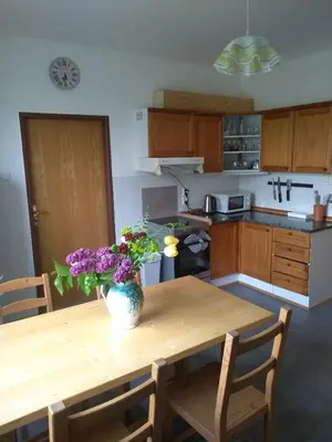 a kitchen with a table with a vase of flowers on it at Hrnčírna in Kněževes