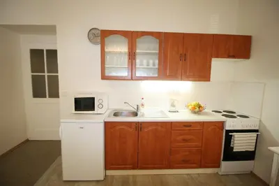 a kitchen with wooden cabinets and a white appliances at Finnem Home Rentals in Prague