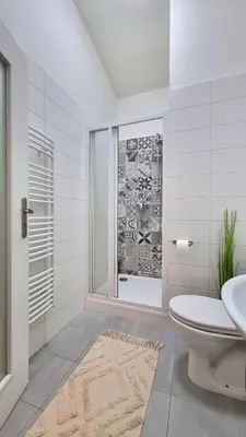 a white bathroom with a toilet and a shower at Finnem Rentals Florenc in Prague
