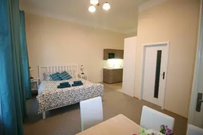 a room with a bedroom with a bed and a room with a bathroom at Finnem Rentals Tyršova in Prague