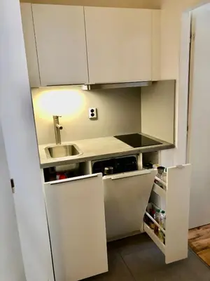 a small kitchen with white cabinets and a sink at Karlin Cozy Studio in Prague