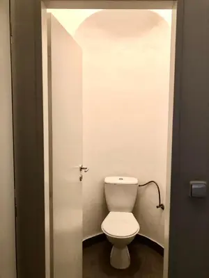 a bathroom with a white toilet in a stall at Karlin Cozy Studio in Prague