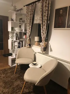 a living room with two chairs and a window at Apartmán U jezírka in Velké Přílepy