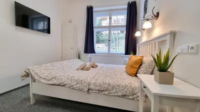 a small bedroom with a bed and a window at Finnem Rentals Pod Znonařkou in Prague