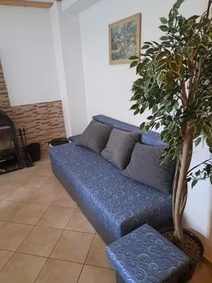 a blue couch in a living room with a tree at Domek u rybníka in Schloss Bösig