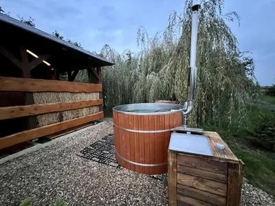 a hot tub in a wooden barrel next to a building at Domek u rybníka in Schloss Bösig