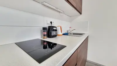 a kitchen with a counter top with a coffee maker at Finnem Rentals Jičínská in Prague