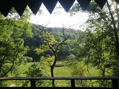 a view of a field through the trees at Chatrč pod Babou in Křivoklát