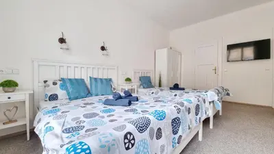 a bedroom with a large bed with blue pillows at Finnem Rentals Zíkova in Prague