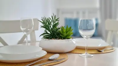 a table with two wine glasses and a potted plant at Finnem Rentals Zíkova in Prague