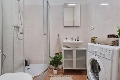 a bathroom with a sink and a washing machine at Finnem Rentals Sokolovská in Prague