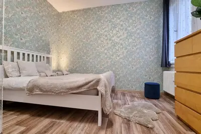 a bedroom with a bed and a wall with wallpaper at Finnem Rentals Sokolovská in Prague