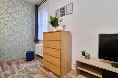 a living room with a television and a dresser at Finnem Rentals Sokolovská in Prague