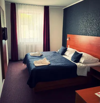 a hotel room with a bed with two towels on it at Hotel ELMA in Srbsko