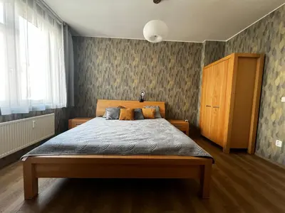 a bedroom with a bed with a wooden bed frame at Apartment Spa and Fontain Poděbrady in Poděbrady