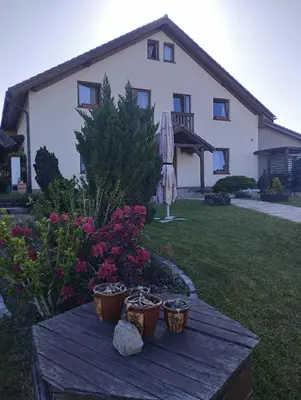 a wooden table with four flower pots on it in front of a house at Apartmány Audy in Mníšek pod Brdy