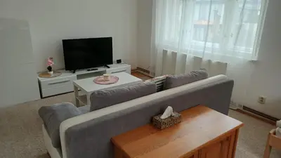 a living room with a couch and a tv at Apartmán Na Polabí 2 in Mělník
