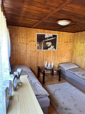 a room with two beds in a wooden room at Chata U Řeky in Volenice