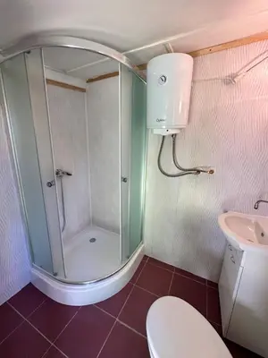 a bathroom with a shower and a toilet and a sink at Chata U Řeky in Volenice