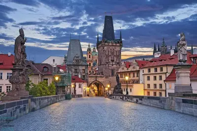 a city street with a castle in the background at Duplex apartment with AC in Prague Center in Prague