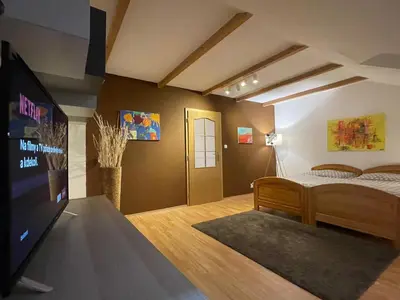 a room with a bedroom with a bed and a tv at Letní dům Ždáň in Slapy