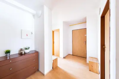 a hallway with white walls and a wooden door at Bohéme Apartment Prague Three in Prague