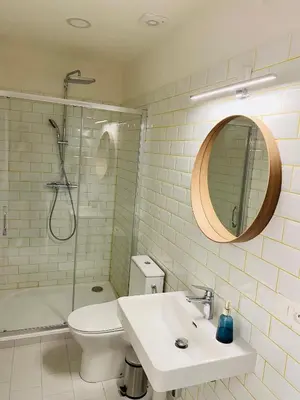 a bathroom with a sink and a shower and a toilet at Green balcony & king size bed in Prague
