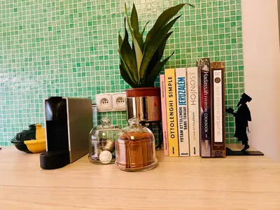a shelf with books and a vase on a table at Green balcony & king size bed in Prague