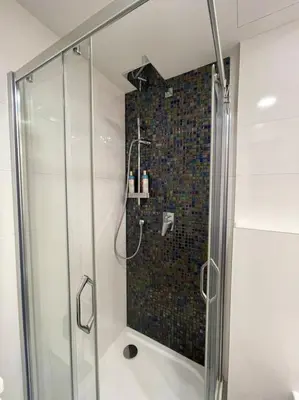 a bathroom with a shower with a glass door at Centrum Prague - Aloha Apartment in Prague