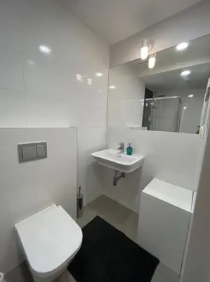a white bathroom with a toilet and a sink at Centrum Prague - Aloha Apartment in Prague