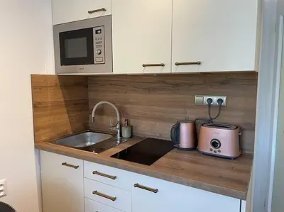 a small kitchen with a sink and a microwave at Centrum Prague - Aloha Apartment in Prague