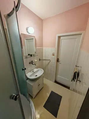 a bathroom with a white sink and a mirror at Flat in Zizkov -102- in Prague