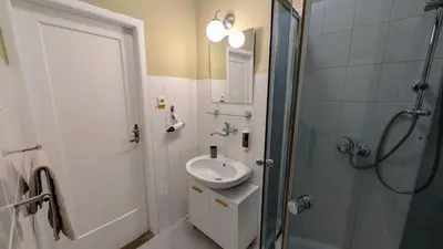 a white bathroom with a sink and a shower at Flat in Zizkov -103- in Prague