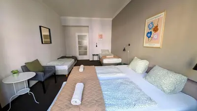 a bedroom with a large bed and a living room at Flat in Zizkov -103- in Prague
