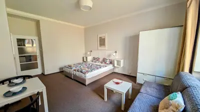 a hotel room with a bed and a couch at Flat in Zizkov -104- in Prague
