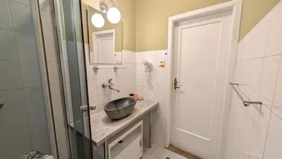 a bathroom with a sink and a shower at Flat in Zizkov -104- in Prague