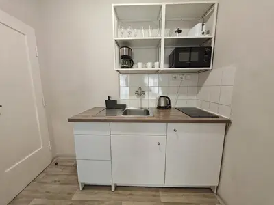 a small kitchen with a sink and a microwave at Apartment in Zizkov -201- in Prague