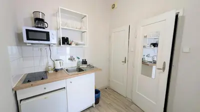 a small kitchen with a sink and a microwave at Flat in Zizkov -204- in Prague