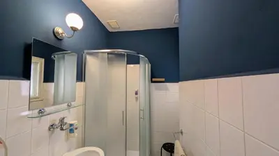 a bathroom with a shower and a toilet and blue walls at Flat in Zizkov -302- in Prague
