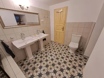 a bathroom with a sink and a toilet and a mirror at Chalupa Zátyní - celý objekt in Dubá